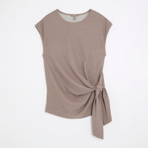 Beige Short Sleeve Pinstripe Tie Detail Top