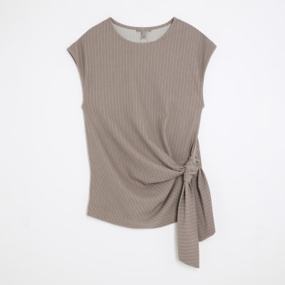 Beige Short Sleeve Pinstripe Tie Detail Top