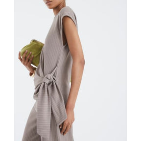Beige Short Sleeve Pinstripe Tie Detail Top
