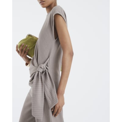 Beige Short Sleeve Pinstripe Tie Detail Top