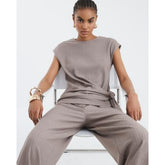 Beige Short Sleeve Pinstripe Tie Detail Top