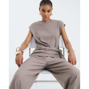 Beige Short Sleeve Pinstripe Tie Detail Top