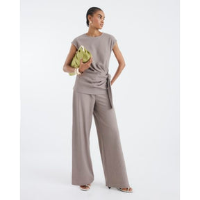 Beige Short Sleeve Pinstripe Tie Detail Top
