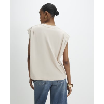 Beige Short Sleeve Pleat Shoulder T-shirt