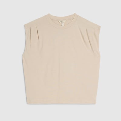 Beige Short Sleeve Pleat Shoulder T-shirt