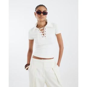 Beige Short Sleeve Ribbed Lace Up Polo Top