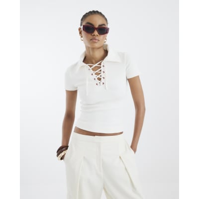 Beige Short Sleeve Ribbed Lace Up Polo Top