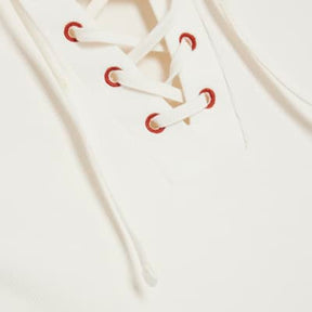 Beige Short Sleeve Ribbed Lace Up Polo Top