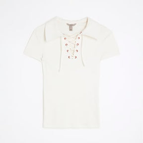 Beige Short Sleeve Ribbed Lace Up Polo Top