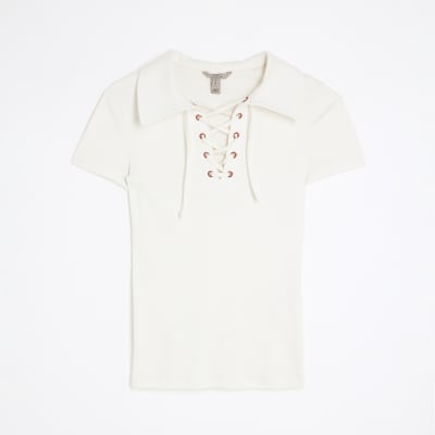 Beige Short Sleeve Ribbed Lace Up Polo Top