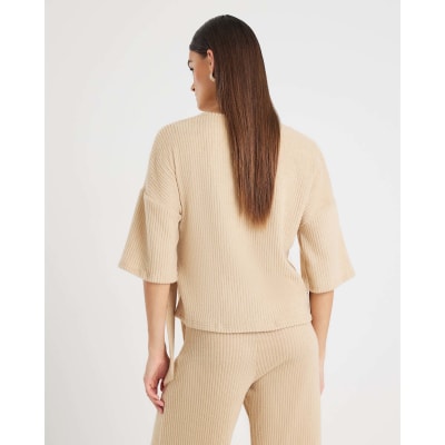 Beige Short Sleeve Ribbed Tie Detail Top