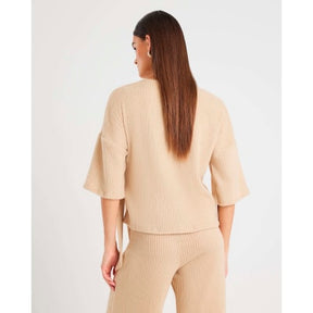 Beige Short Sleeve Ribbed Tie Detail Top