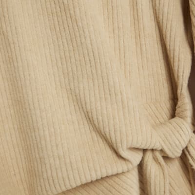 Beige Short Sleeve Ribbed Tie Detail Top