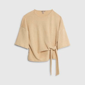 Beige Short Sleeve Ribbed Tie Detail Top