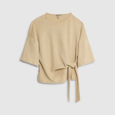 Beige Short Sleeve Ribbed Tie Detail Top