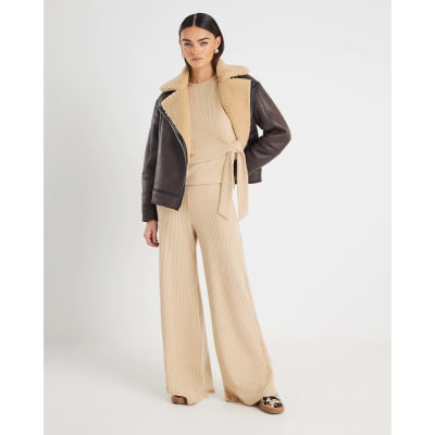 Beige Short Sleeve Ribbed Tie Detail Top