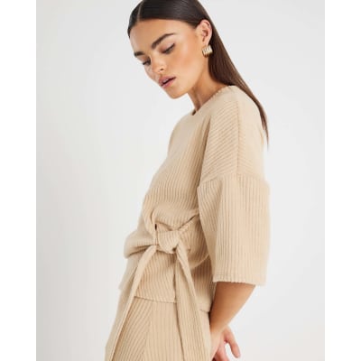 Beige Short Sleeve Ribbed Tie Detail Top