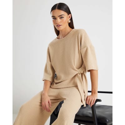 Beige Short Sleeve Ribbed Tie Detail Top