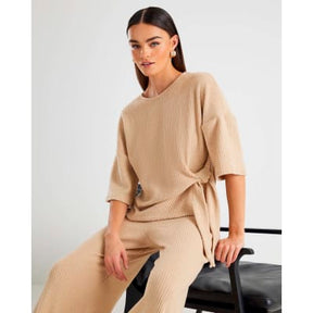 Beige Short Sleeve Ribbed Tie Detail Top