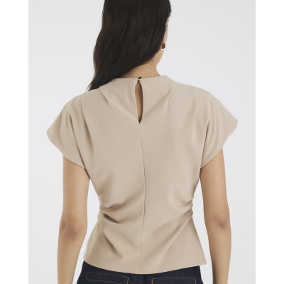 Beige Short Sleeve Ruched Top