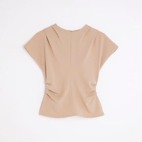 Beige Short Sleeve Ruched Top