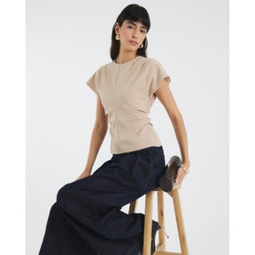 Beige Short Sleeve Ruched Top
