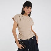 Beige Short Sleeve Ruched Top