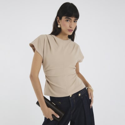 Beige Short Sleeve Ruched Top
