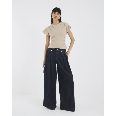 Beige Short Sleeve Ruched Top