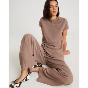 Beige Short Sleeve Textured Belted Top