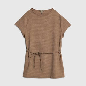 Beige Short Sleeve Textured Belted Top