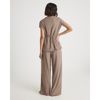 Beige Short Sleeve Textured Belted Top