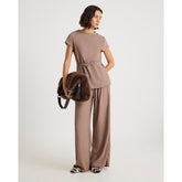 Beige Short Sleeve Textured Belted Top