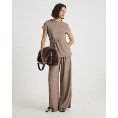 Beige Short Sleeve Textured Belted Top