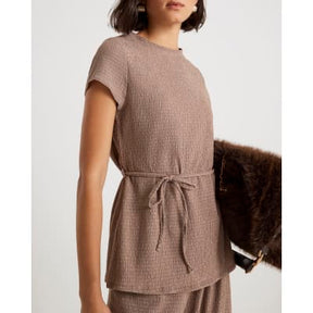 Beige Short Sleeve Textured Belted Top