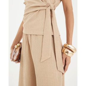 Beige Short Sleeve Textured Tie Waist T-shirt