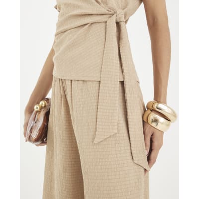 Beige Short Sleeve Textured Tie Waist T-shirt