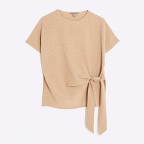 Beige Short Sleeve Textured Tie Waist T-shirt