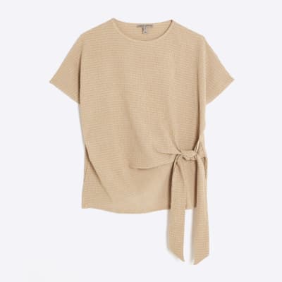Beige Short Sleeve Textured Tie Waist T-shirt