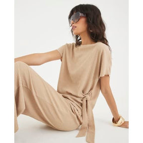 Beige Short Sleeve Textured Tie Waist T-shirt