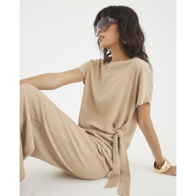 Beige Short Sleeve Textured Tie Waist T-shirt