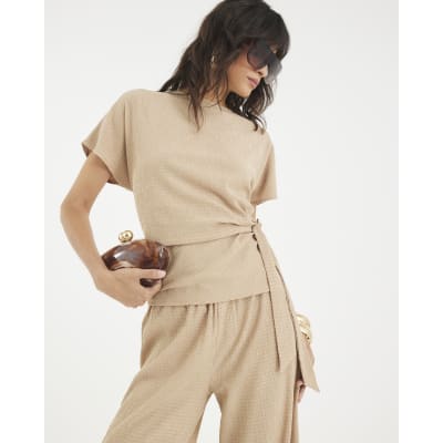 Beige Short Sleeve Textured Tie Waist T-shirt