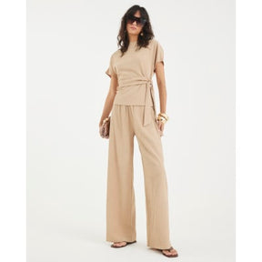 Beige Short Sleeve Textured Tie Waist T-shirt