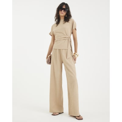 Beige Short Sleeve Textured Tie Waist T-shirt