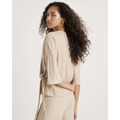 Beige Short Sleeve Wide Ribbed Knot Side Top