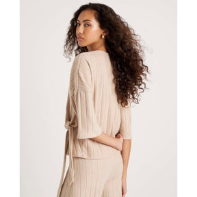 Beige Short Sleeve Wide Ribbed Knot Side Top