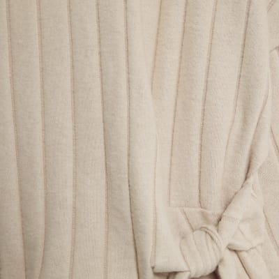 Beige Short Sleeve Wide Ribbed Knot Side Top