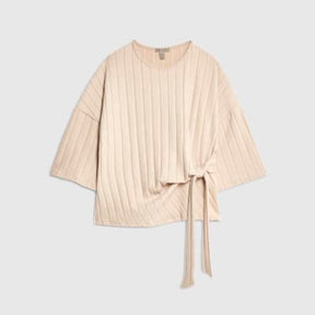 Beige Short Sleeve Wide Ribbed Knot Side Top