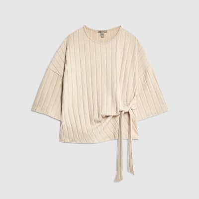 Beige Short Sleeve Wide Ribbed Knot Side Top