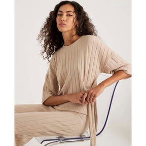 Beige Short Sleeve Wide Ribbed Knot Side Top